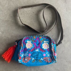 Big Buddha Blue with multicolor embroidered floral purse, bag/crossbody 9” x 6"